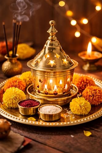 Aditri Creation Brass Star Shape akhand Oil Diya/Lamp Hindu Puja Religious Brass Oil Lamp Pooja Essential for Indian Traditional Pooja Items New Year Decorations (Size:-L;5.5 Inch,H;2.5 Inch)