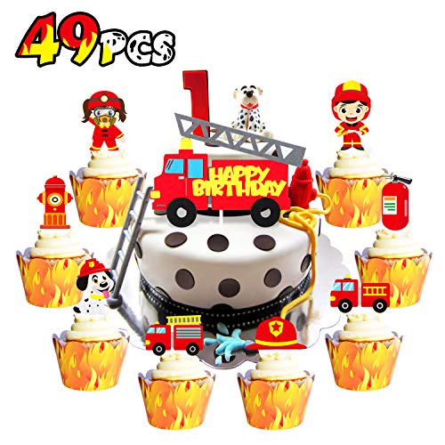 MALLMALL6 49Pcs Firetruck Themed Cake Topper Cupcake Toppers Firefighter Birthday Party Supplies Cakes Decoration Set Fire extinguisher Fire Cap Fireman Party Favor Dessert Decor for Kids Baby Shower