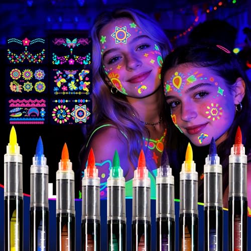 Sovano Glow Party Face & Body Paint Markers 10 Neon UV Reactive Blacklight Tattoo Pens with Fluorescent Stickers Water-Resistant Skin-Safe & Washable for Halloween Raves (Glows Under UV Light)