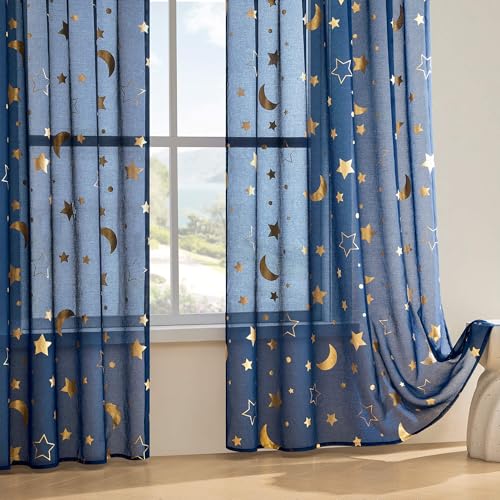 WUBODTI Transparente Vorhänge mit Sternenmotiv, Kinderzimmer, 160 cm lang, goldfarbener Mond und Sterne, halbtransparent, Jungenzimmer, mit Stangentasche, Kunstleinen, kurz, 2 Vorhangschals