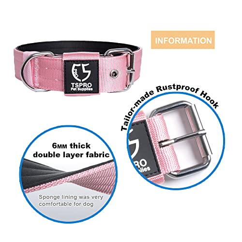 Tspro Tactical Dog Collar 1.5 Inch Wide Dog Collar Military Grade Strong Dog Collar Thick Dog Collar Heavy Duty Metal Buckle Dog Collar(Pink-L) #TOP2
