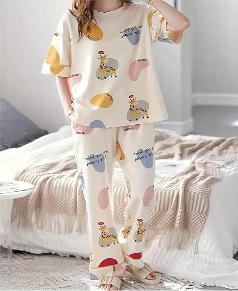 Image of Women's Pajama Set with Top & Pants|| Korean Night Wear|| Loose Fit Home Wear || Lightweight Printed Set || Soft & Comfy Girls & Women