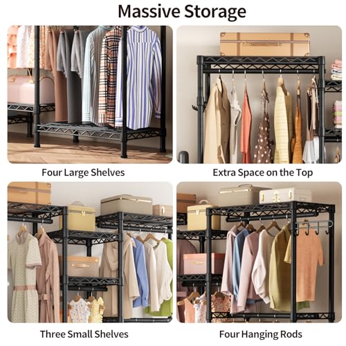 Heavy Duty Garment Rack Large Clothes Rack,Freestanding Closet Portable Clothing Rack with 7 Adjustable Wire Shelves&4 Hang Rods&2 Hooks,Metal Closet Storage Organizer Wardrobe System,MaxLoad 1000lbs