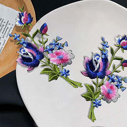 ReNext Pink Blue Roses Pair Flowers Floral Bouquet Boho Embroidered Appliques Iron-ons Patches New - Thumbnail 3