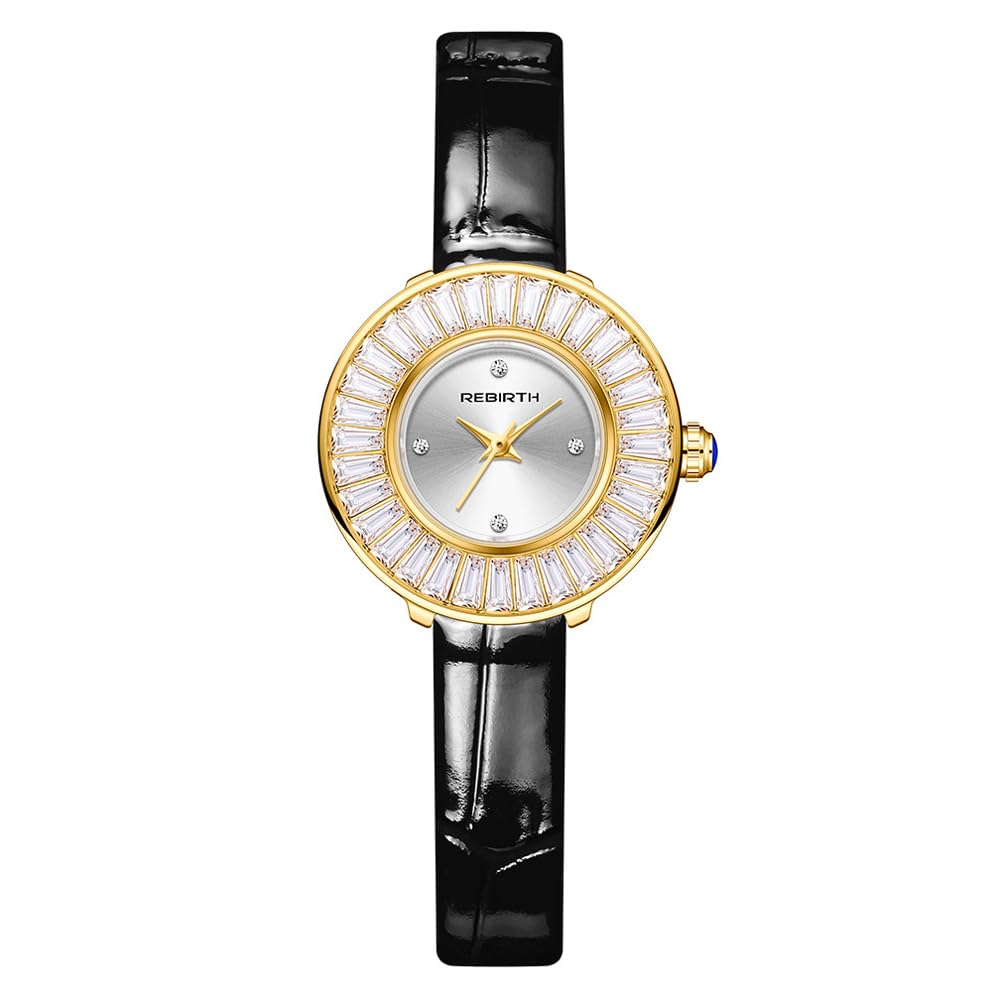 Women Girls Casual Leather Strap Round Dial with Crystal Analog Quartz Wrist Watches, Black-image-38