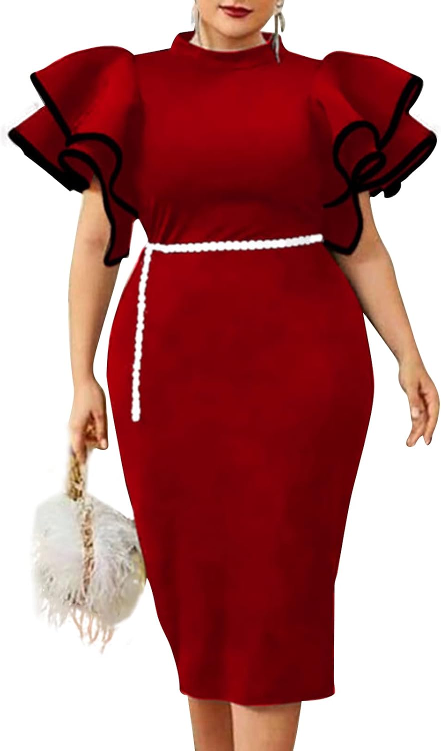 Cololura Plus Size Ruffle Sleeve Peplum Bodycon Formal Evening Gowns Party Dress