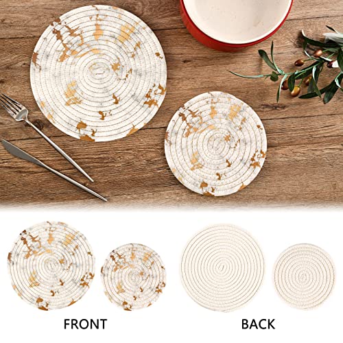 Vnurnrn White Gold Marble Stone Art Pot Holders Trivets Set 2 Pcs Round Cotton Hot Pads For Kitchens, Coasters, Placemats For Cooking Baking Hot Dish Pan Pot, 7 Inch And 9 Inch Diameter #TOP2