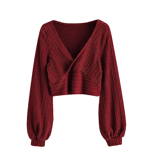 ZAFUL Women's Pullover Ribbed Batwing Lantern Sleeve Knitwear Knitted Crop Top Solid Round Neck Long Sleeve T-Shirt