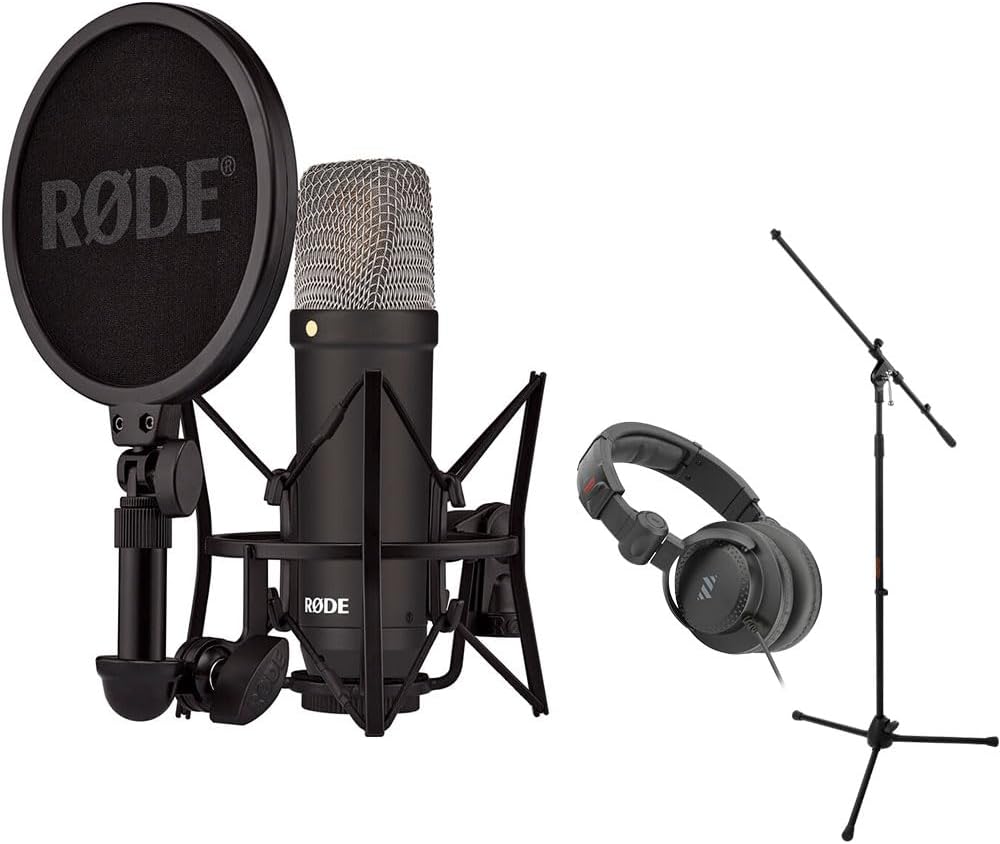 NT1 Signature Series Large-Diaphragm Condenser Microphone (Black) Bundle with MS-5230F Tripod Microphone Stand with Fixed Boom and Polsen Studio Monitor Headphones
