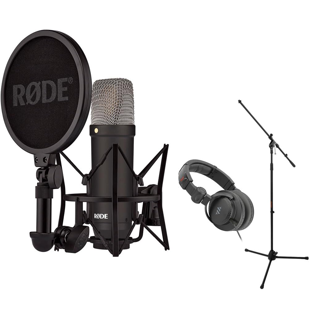 RodeNT1 Signature Series Large-Diaphragm Condenser Microphone (Black) Bundle with MS-5230F Tripod Microphone Stand with Fixed Boom and Polsen Studio Monitor Headphones