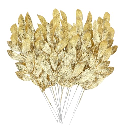 MWOOT 16 Piezas Hojas Artificiales con Purpurina, Ramas Artificiales Navidad Oro, Adornos de Navidad para DIY Manualidades Guirnalda Árbol de Navidad Mesa Decoración del Hogar y Jardín
