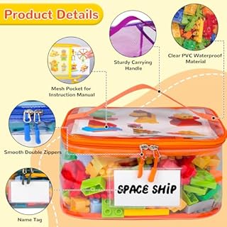 Tesuko 6 Pack Clear Toy Storage Bag with Name Tag& Manual Pocket, Waterproof Transparent PVC Toy Organizer Case for Lego Bricks, Board Games, Building Blocks, Puzzles (Large Capacity, Colorful)