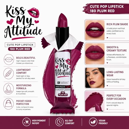 Image of Krayons Cute Pop Matte Lipstick for Women - Shade 180 Plum Red, India's 1st Twist-Wrap Lip Stick, Long Stay Waterproof Lipstic, Rich Pigmented Daily Wear Matt Lipsticks, 3.5g
