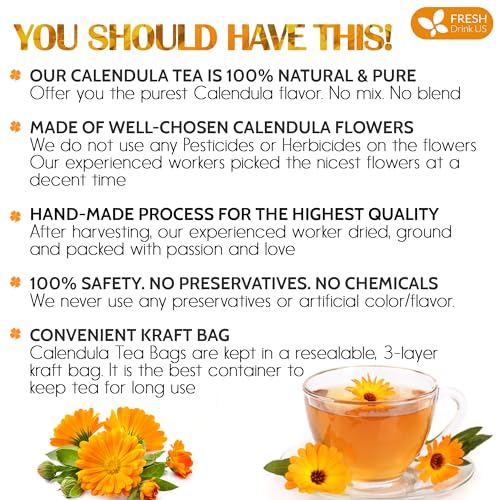 Image of FreshDrinkUS, Premium 135 Calendula Tea Bags, 100% Natural and Pure Calendula Flowers, Eco-conscious Tea Bags. Herbal Tea. No Sugar, No Caffeine, No Gluten, Vegan.
