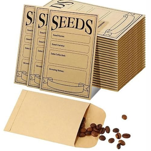100 Pcs Seed Packets Envelopes, Seed Packets, Small Brown Paper with Types Name Template Sealing Saving Envelopes for Saving Collecting (8x12cm)