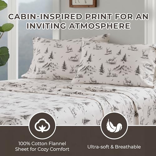 Image of Woolrich Cotton Sheet Set Cottage Charms Print, 100% Cotton Flannel Sheets Warm & Fuzzy Bedding Set Queen Size Sheets, Fitted Pocket Fits Up to 14 inch Mattress, Queen Gray Deer Toile 4 Piece