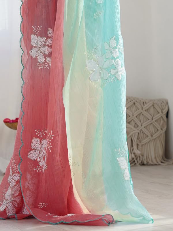Image of Women's Orange-Yellow Ombre Saree with Floral Embroidery | Lightweight & Festive Saree | Elegant Ethnic Wear for Women