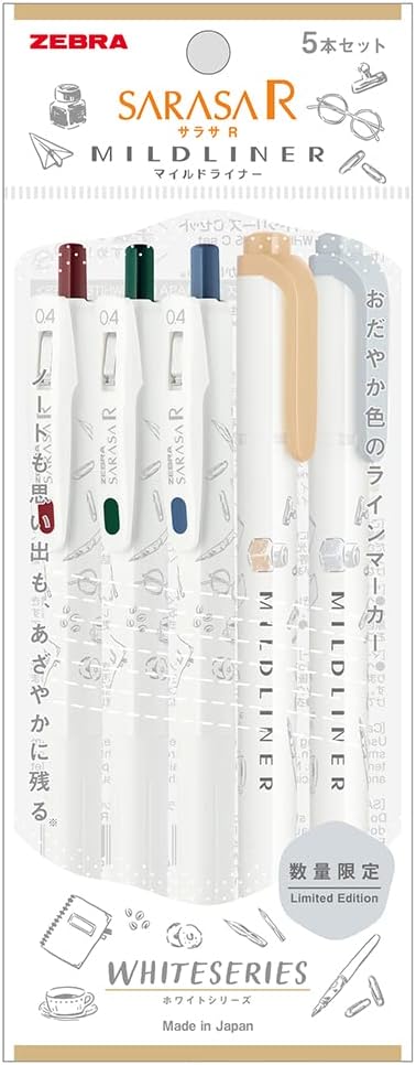 Zebra P-JJS29-R1W-C Sarasa R & Mild Liner Gel Ballpoint Pen, White Series, Set of 5