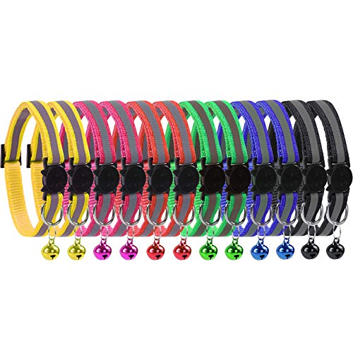 12 Pcs Reflective Nylon Breakaway Cat Collars Bell Adjustable Small Pet Dog Puppies