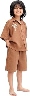 A2 Cloth Palm Breeze Cotton Flex Co-Ord Set Premium Cotton Flex Embroidered Coord Set for Kids Boys Linen Coord Set with P...