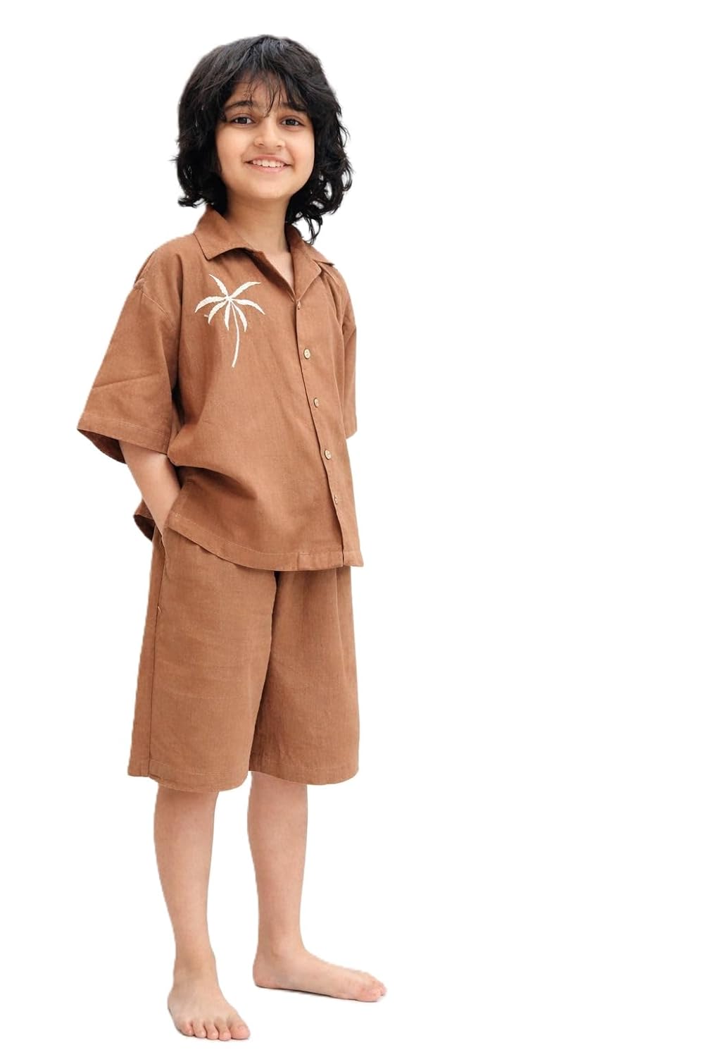 A2 Cloth Palm Breeze Cotton Flex Co-Ord Set Premium Cotton Flex Embroidered Coord Set for Kids Boys Linen Coord Set with P...