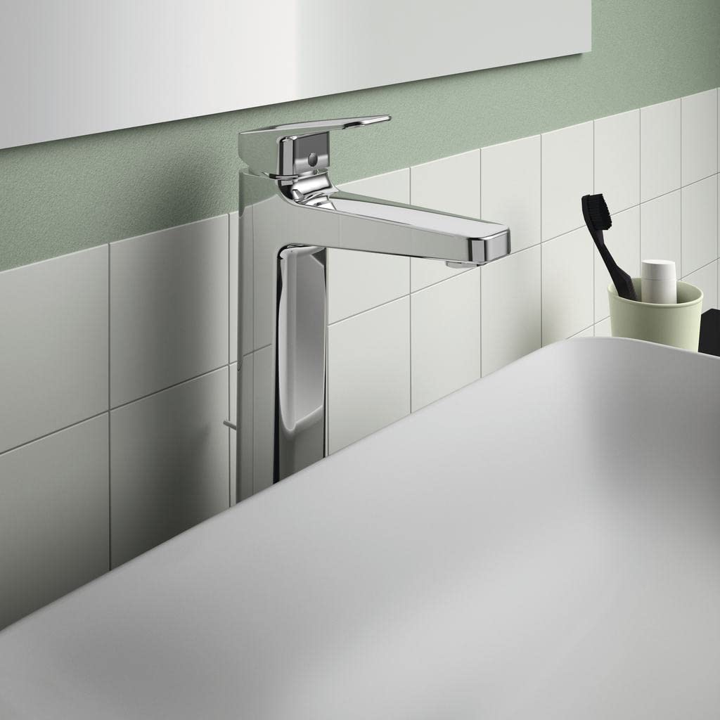 Ideal Standard BD238AA Ceraplan bateria umywalkowa H250, przedłużona podstawa, z zestawem odpływowym z przyciskiem do ciągnięcia, wysięg 13,8 cm, chrom