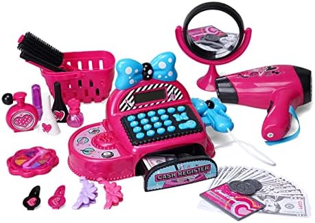 FS Pretend Play Cash Register Toy Makeup Set (Not Real Makeup), Real Calculator for Math Skills, Toy Cash Register for Kids, Play Money Grocery Store for Kids Age 2 3 4 5 6