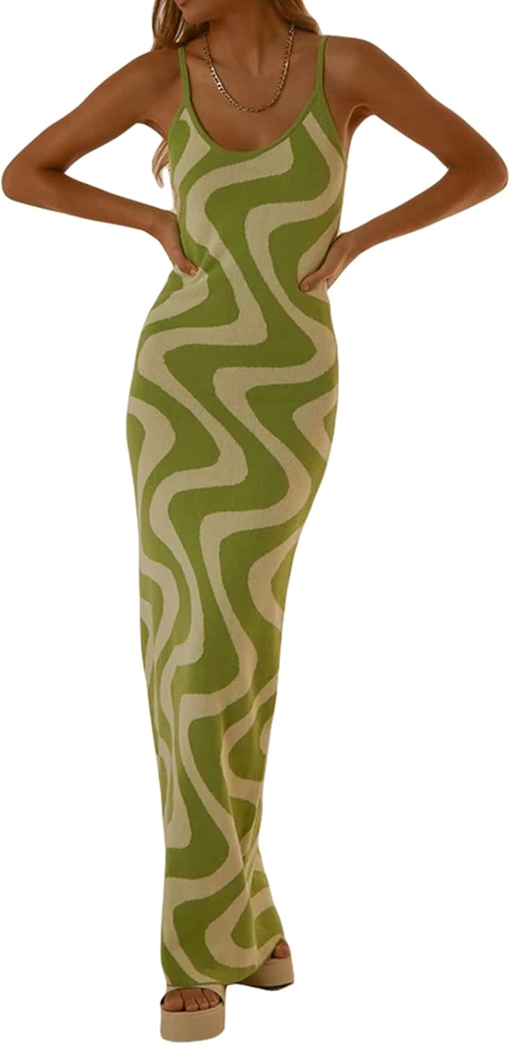 Bodycon Dresses for Women Summer Knit Hollow Out Sexy Night Out Midi Maxi Dress Sleeveless Long Cut Out Dress