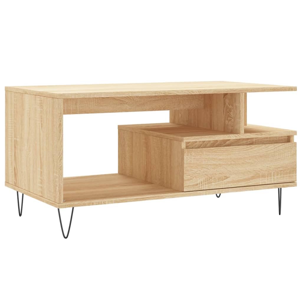 AUVYI Mesa de centro con cajón de roble Sonoma, 90 x 49 x 45 cm, material de madera y metal, mesa de salón con cajones, mesa auxiliar, mesa de sofá, aparador de madera
