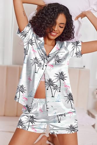 Image of Ekouaer Womens Satin Silk 2 Piece Pajamas Set Short Sleeve Sleepwear | Button Down Top and Shorts Loungewear Set for Sleep, Home, Wedding, Travel, Party, Daily Wear & Great for Sharing
