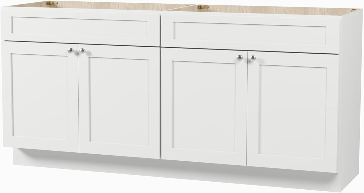 DSR 72 Inch Double Bathroom Vanity Base Only Cabinet Without Top White Shaker Style Solid Wood Plywood MDF 72"x22"x34.5"