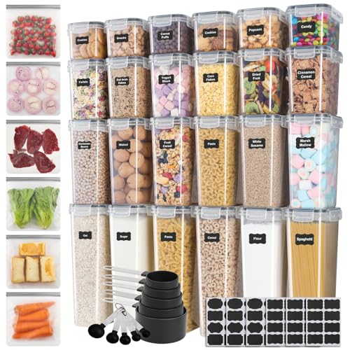 Osacoe 40 Pack Kitchen Organizers and Storage, Include 24 Pcs Airtight Food Storage Containers with Lids, 6 Pcs Reusable Gallon Freezer Bags, 10 Pcs Measuring Cups & Spoons; Dishwasher Safe, BPA Free
