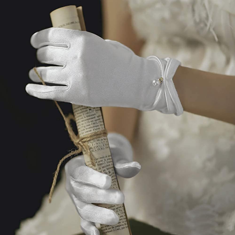 Women Elegant Satin Gloves Formal Occasion Ceremonial Wrist Pearls Gloves for Evening Dancing Party Wedding Stage Performance