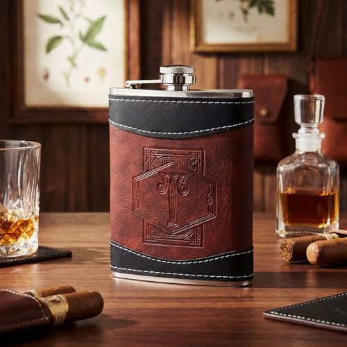 Baderke Leather 8 oz Flask for Men Groomsmen Gift, Black, Brown, Letter T by Baderke - Used condition - Image 2