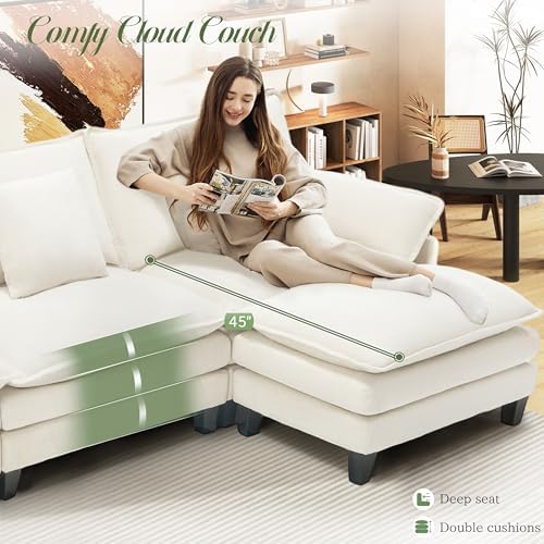 Comfy Cloud Couch with Movable Ottoman, Modular Sectional Sofa, 106" L Shaped Modern Sofa with Pillows, Deep Seat Couches for Living Room, Bedroom and Apartment, Beige - Thumbnail 2