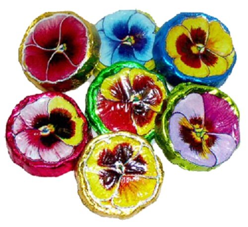 Madelaine Solid Premium Milk Chocolate Pansy Flowers Wrapped In Assorted Colors Of Italian Foil (1/2 LB)