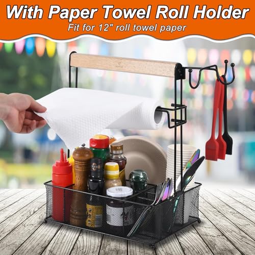VIKEYHOME Grill-Caddy, Picknick-Grill-Organizer für Camping, Outdoor, Netzkorb mit 3 Haken zum Aufhängen und Papierhandtuchhalter, ideale Tischaufbewahrungswerkzeuge für Wohnmobil/Heckklappe/Besteck