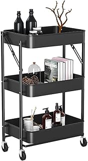 YCSD 3 Niveaux Esthetique Pliant Desserte à roulettes，Métal Chariots de Service avec 4 Roues (Color:Noir)
