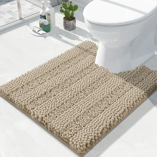 Yimobra Toilet Rugs U Shaped Washable 24 x 20, Non Slip and Super Absorbent Toilet Mat, Quick Dry, Ultra Luxury Microfiber Chenille Plush Fluffy Contour Bath Rugs for Toilet Base, Camel by Yimobra - Used condition - US$13.99