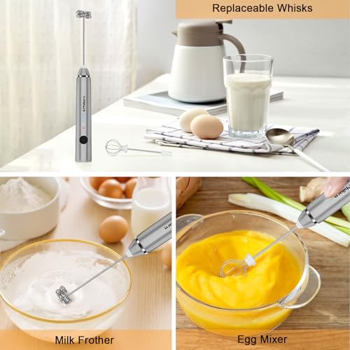 Image of Philorn Milk Frother Wand Handheld Rechargeable Electric Whisk Coffee Drink Mixer, Mini Foamer for Lattes, Cappuccino, Frappe, Matcha, Hot Chocolate, Protein Powder, Keto Diet (Silver 2 Heads)