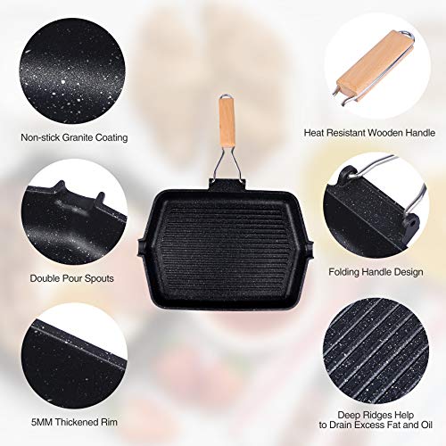 Campmax Grill Pan With Folding Handle, Non-Stick Grill Pan For Stove Tops, Induction Compatible Kbbq Grill Pan 14.5X9.9” #TOP2