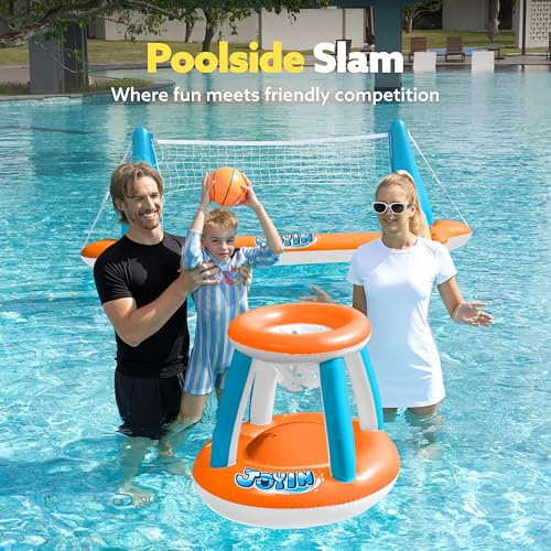 image for JOYIN Inflatable Pool Float Set Volleyball Net & Basketball Hoops, Flo
