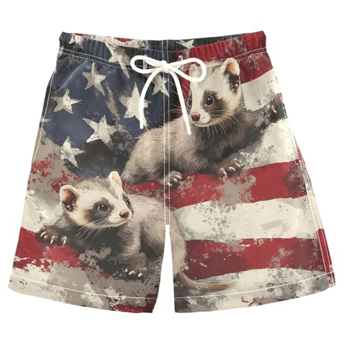Boys Beach Board Shorts Animal Ferret America Flag Swim Trunk Teen Swimwear 8-16Y