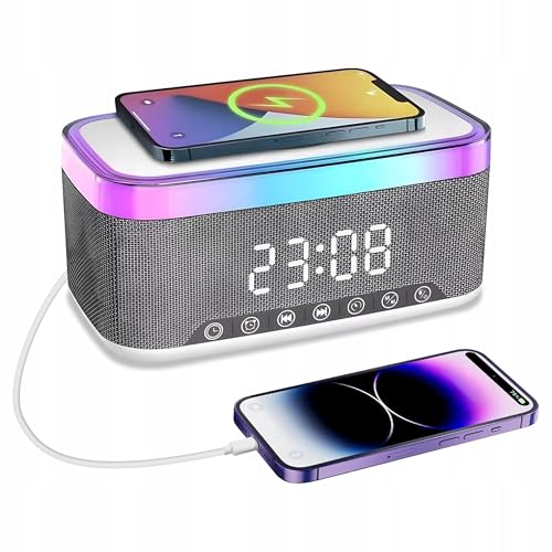 Radio wecker Digital mit Ladestation, 15W Fast Wireless Charger, Digitaler Radiowecker mit Bluetooth Lautsprecher, 13 LED-Leuchten, USB-Kabelloser...
