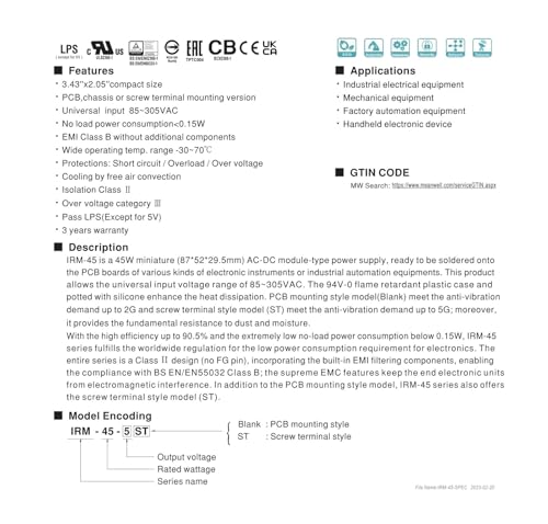 Alimentation IRM-45-5 évitez les surchauffes sur circuit imprimé 5V