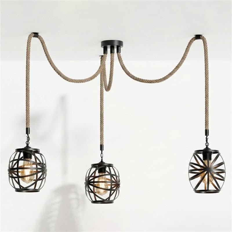 LEDSone DIY Hemp Rope Retro Industrial Chandelier 3 Light Pendant Ceiling Lamp with E27 Holders Rustic Hanging Light for Living Dining Kitchen (Bulbs Included)