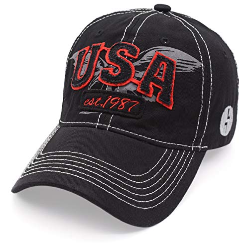 Uphily Black Distressed USA Patriotic Dad Hat - Low Profile Curved Brim Bill Visor Baseball Cap for Men or Women