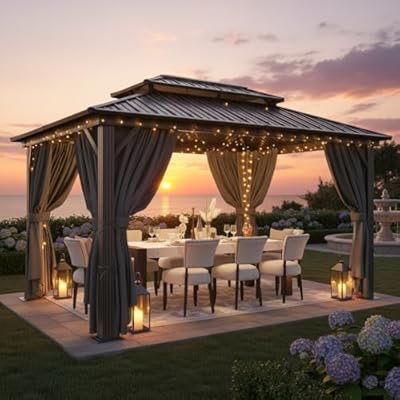 HOTEEL 10x12 Hardtop Gazebo on Clearance with Heavy Duty Galvanized Steel Double Metal roof,Aluminum Frame,Patio Gazebo with Curtains and Netting,Outdoor Permanent Pavillon for Backyard,Black
