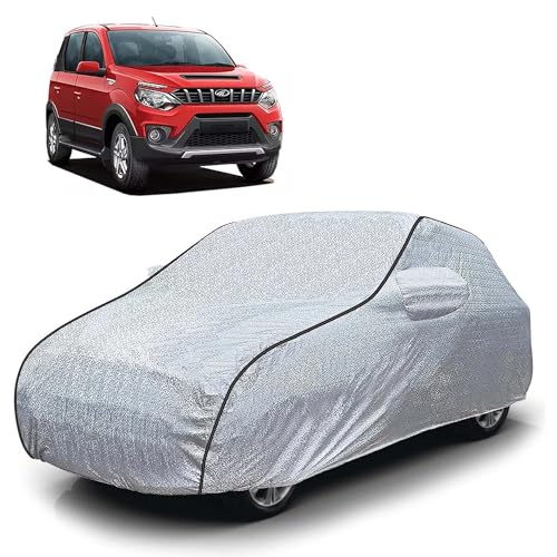 Image of Sulfar 100% Waterproof Car Body Cover Compatible with Mirror for Mahindra Nuvosport (Triple Stitched, Full Bottom Elastic, Magic Silver with Black Piping)