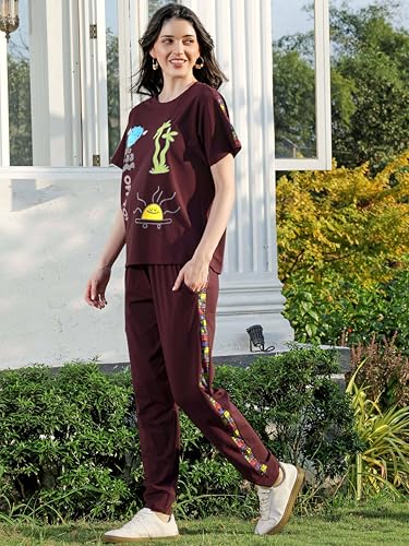 Image of ZEYO Night Suit for Women's Typography Printed Cotton Night Dress of Top and Joggers
